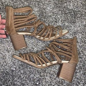 brown/ tan boho strappy chunky heels